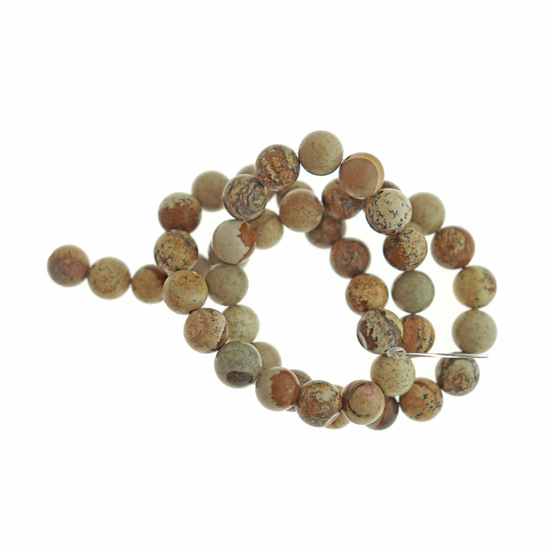 Perles Rondes Jaspe Image 8mm - Jaune et Marron - 1 Rang 46 Perles - BD1730