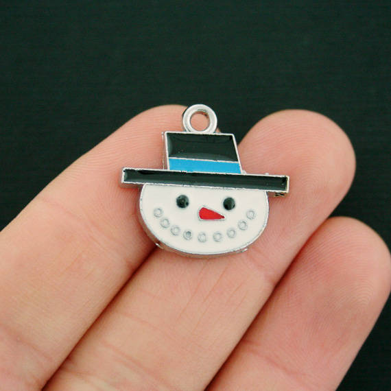 2 Snowman Silver Tone Enamel Charms - E558