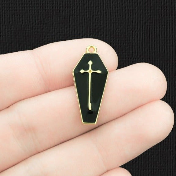 4 Cross Coffin Gold Tone Enamel Charms - E1445