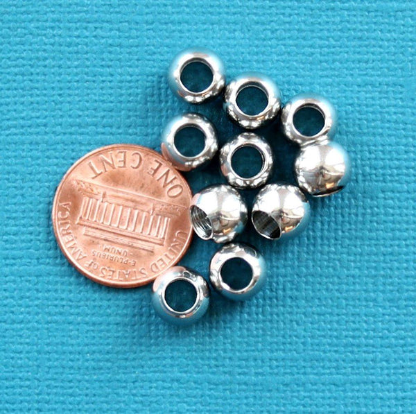 Round Stainless Steel Spacer Beads 5.5mm x 8mm - Silver Tone - 10 Beads - FD244