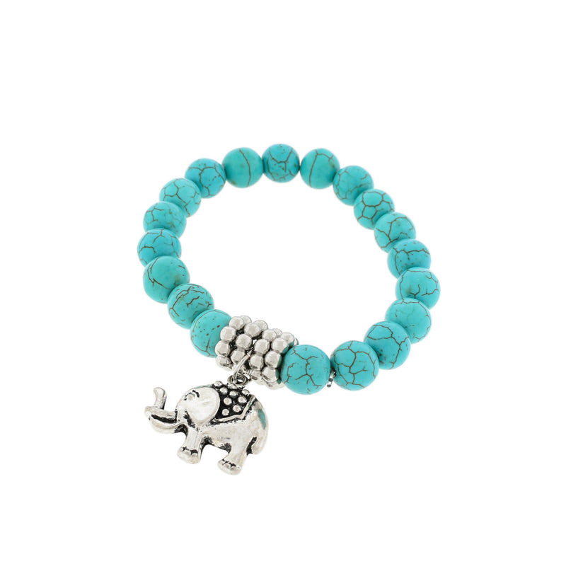 Bracelet Perle Howlite Synthétique Ronde 55mm - Turquoise avec Breloque Éléphant - 1 Bracelet - BB240