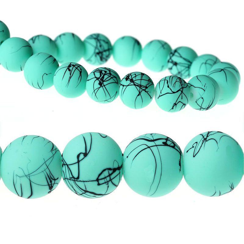 Round Glass Beads 12mm - Turquoise with Black Veins - 15 Beads - BD494