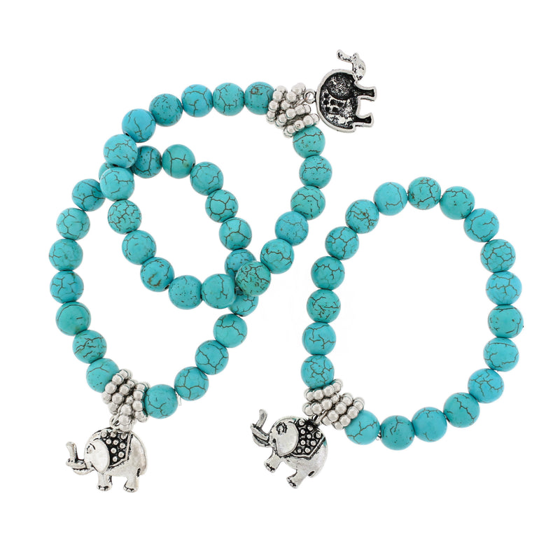 Bracelet Perle Howlite Synthétique Ronde 55mm - Turquoise avec Breloque Éléphant - 1 Bracelet - BB240