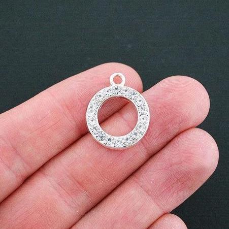 2 Rhinestone Circle Connector Silver Tone Charms With Inset Rhinestones - SC2652