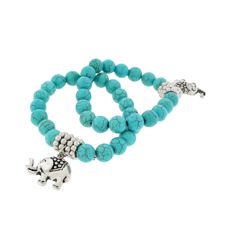 Bracelet Perle Howlite Synthétique Ronde 55mm - Turquoise avec Breloque Éléphant - 1 Bracelet - BB240