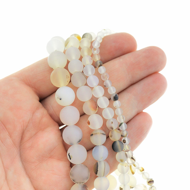 Round Natural Agate Beads 4mm -10mm - Choose Your Size - Frosted Dendritic Grey - 1 Full 14.76" Strand - BD2530