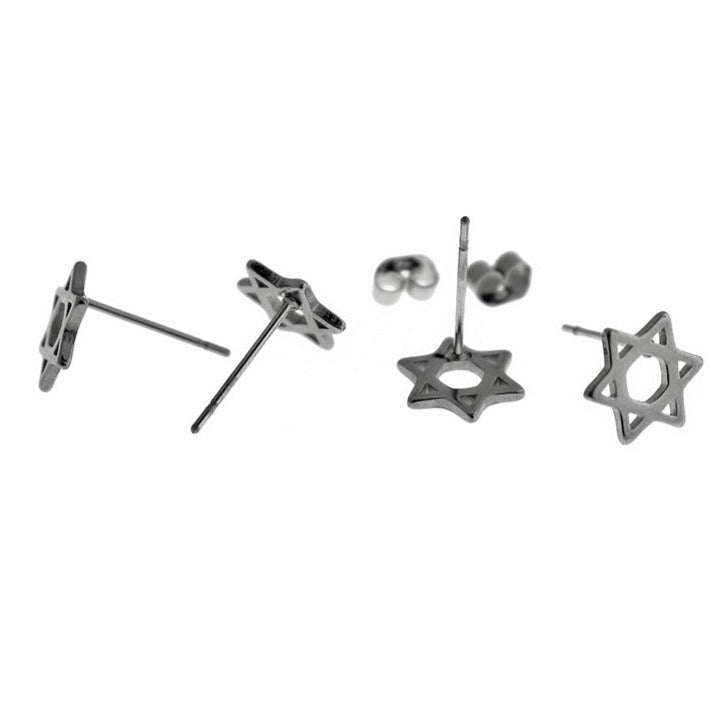 Stainless Steel Earrings - Star of David Studs - 9.5mm x 8mm - 1 Pair - Choose Your Tone!