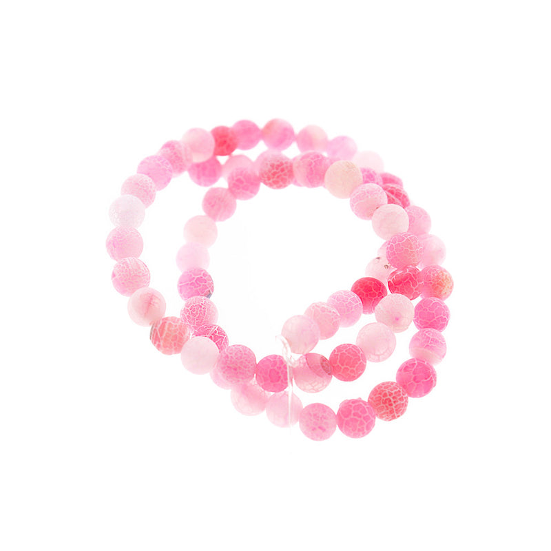 Perles rondes en agate naturelle 6 mm - Craquelé patiné rose vif - 1 brin 62 perles - BD2455