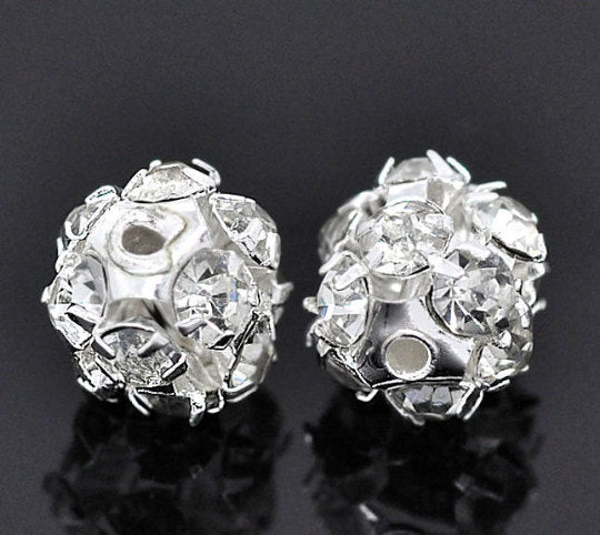 Round Rhinestone Spacer Beads 10mm - Silver Tone - 4 Beads - SC6501