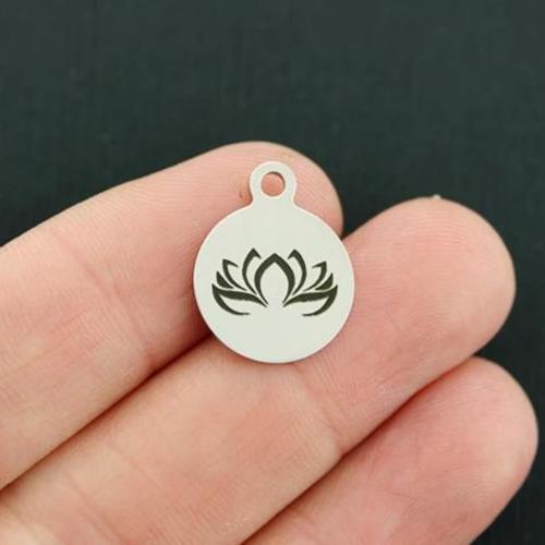 Lotus Flower Stainless Steel Small Round Charms - BFS002-3424