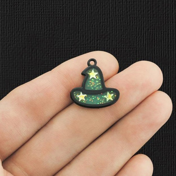 4 Green Witch Hat Black Enamel Charms - E1137