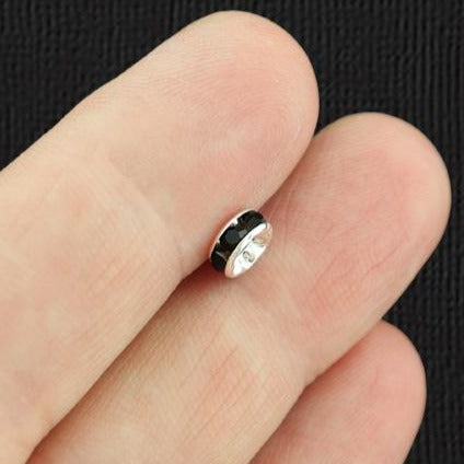 Flat Round Spacer Beads 6mm x 2.7mm - Silver Tone with Inset Black Rhinestones - 50 Beads - SC6274