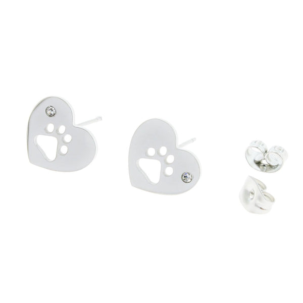 Boucles d'Oreilles en Acier Inoxydable - Goujons Strass Coeur Empreinte de Patte - 12mm x 10mm - 2 Pièces 1 Paire - ER009