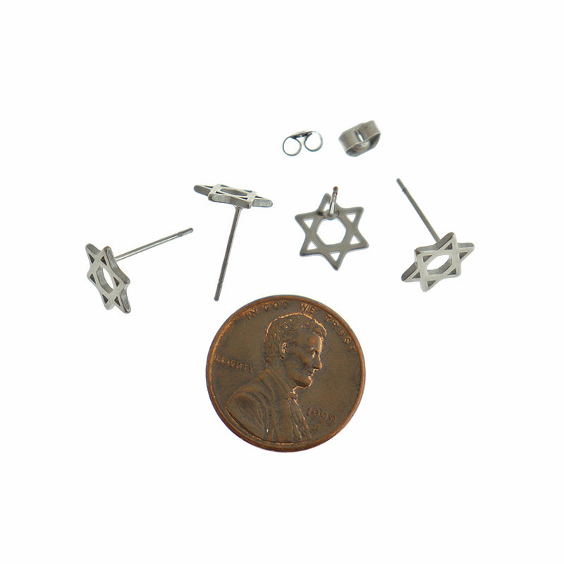 Stainless Steel Earrings - Star of David Studs - 9.5mm x 8mm - 1 Pair - Choose Your Tone!