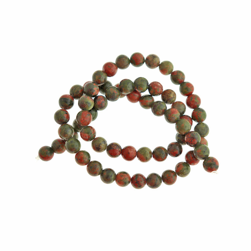 Perles Unakite Naturelles Rondes 6mm - Rose Corail et Vert Olive - 1 Rang 61 Perles - BD1689