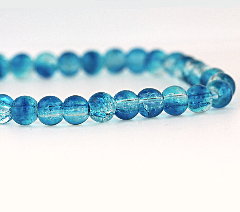 Round Glass Beads 6mm - Blue and Clear Crackle - 35 Beads - BD543