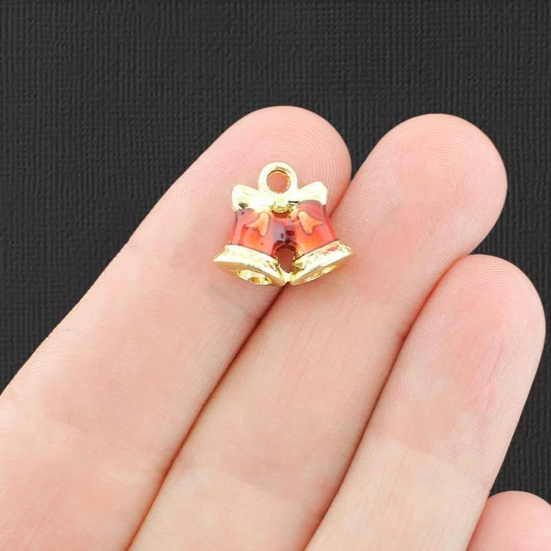 4 Christmas Bells Gold Tone Enamel Charms 3D - E811