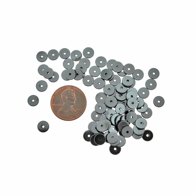 Perles Rondes Plates en Hématite Naturelle 6mm - Noir - 100 Perles - BD1886