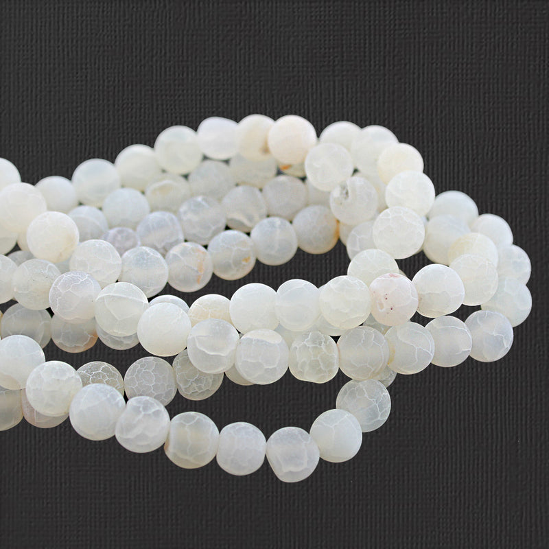 Round Natural Agate Beads 8mm - Frosted White Crackle - 1 Strand 46 Beads - BD1734