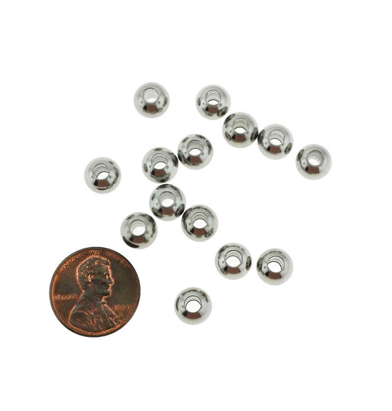 Round Stainless Steel Spacer Beads 8mm x 8mm - Silver Tone - 5 Beads - FD818