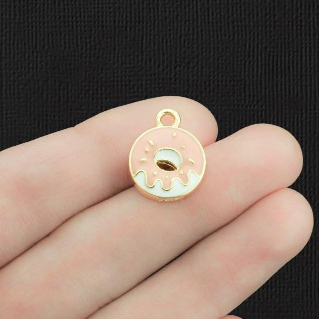 4 Pink Donut Gold Tone Enamel Charms - E1219