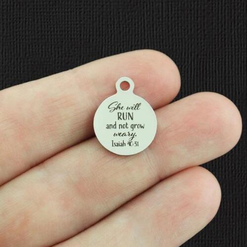 Isaiah 40:31 Stainless Steel Small Round Charms - She will run and not grow weary. - BFS002-5686