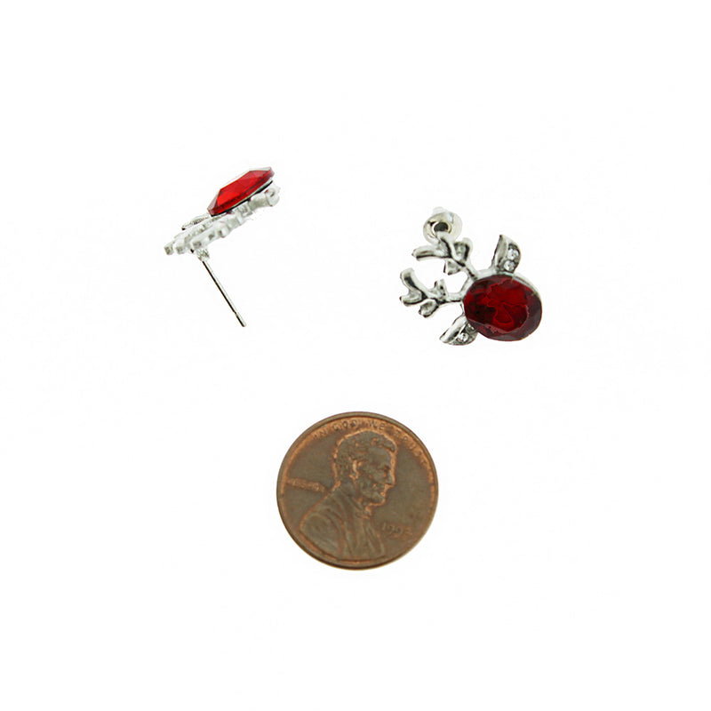 Red Reindeer Rhinestone Earrings - Silver Tone Stud - 2 Pieces 1 Pair - Z1620