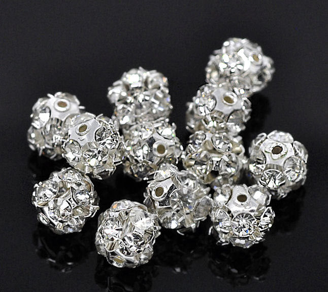 Round Rhinestone Spacer Beads 8mm - Silver Tone - 4 Beads- SC1773