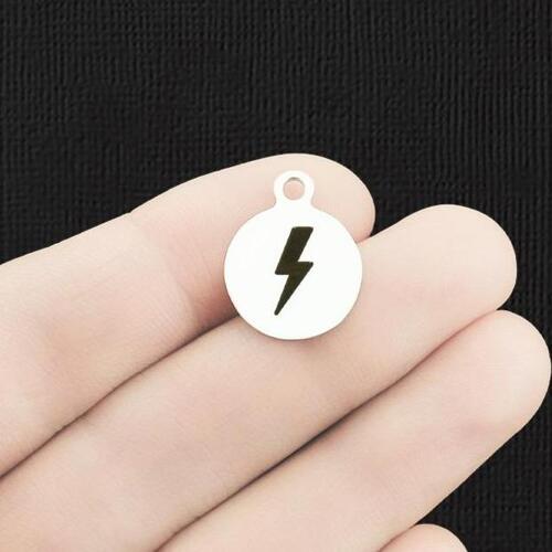 Lightening Bolt Stainless Steel Small Round Charms - BFS002-6109