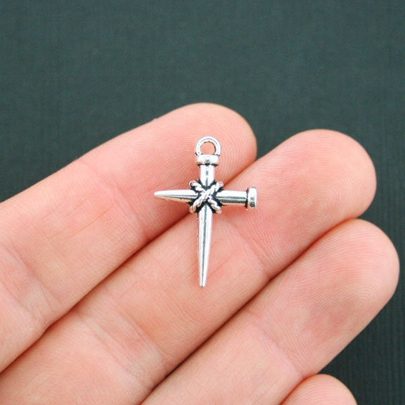 8 Stake Cross Antique Silver Tone Charms 2 faces - SC4967