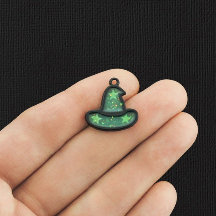 4 Green Witch Hat Black Enamel Charms - E1137