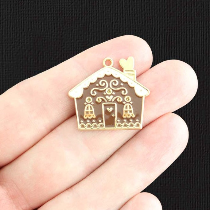 2 Gingerbread House Gold Tone Enamel Charms - E1168