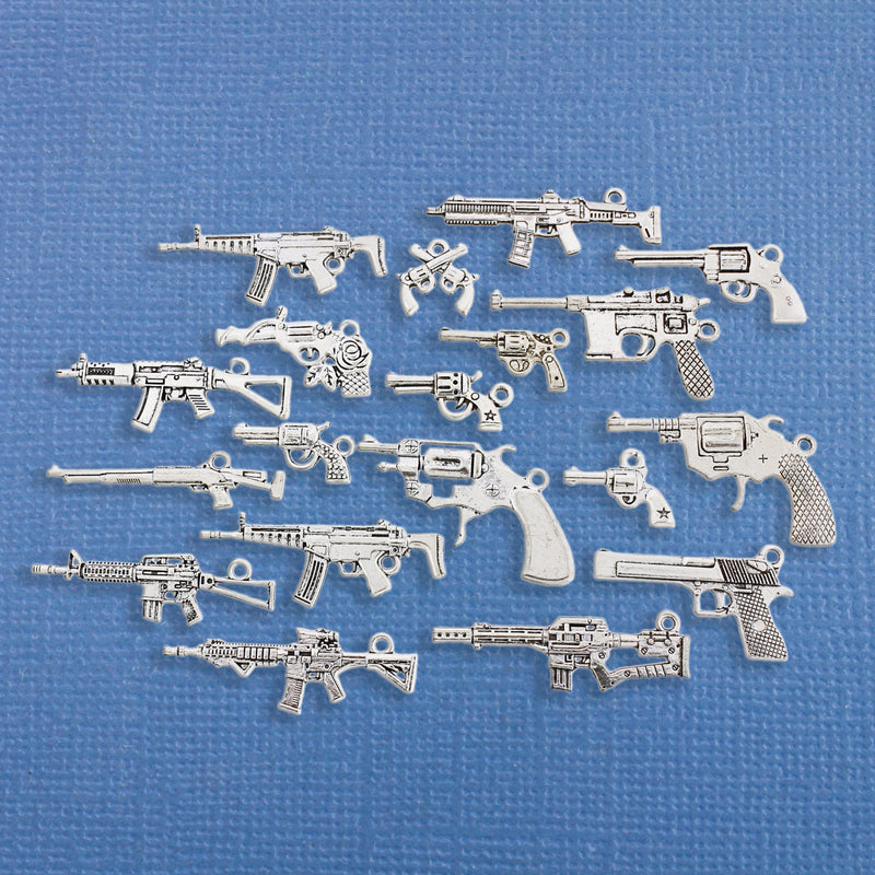 Deluxe Gun Charm Collection Antique Silver Tone 18 Different Charms - COL331