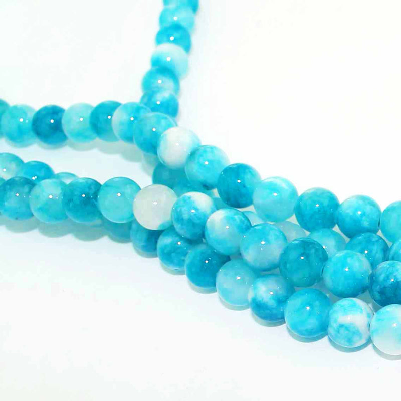 Perles rondes en jade naturel 6 mm - Bleu ciel et blanc - 1 rang 66 perles - BD982