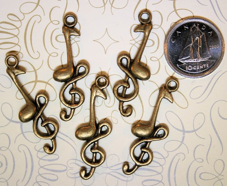 6 Music Note Antique Bronze Tone Charms 2 Sided - BC179