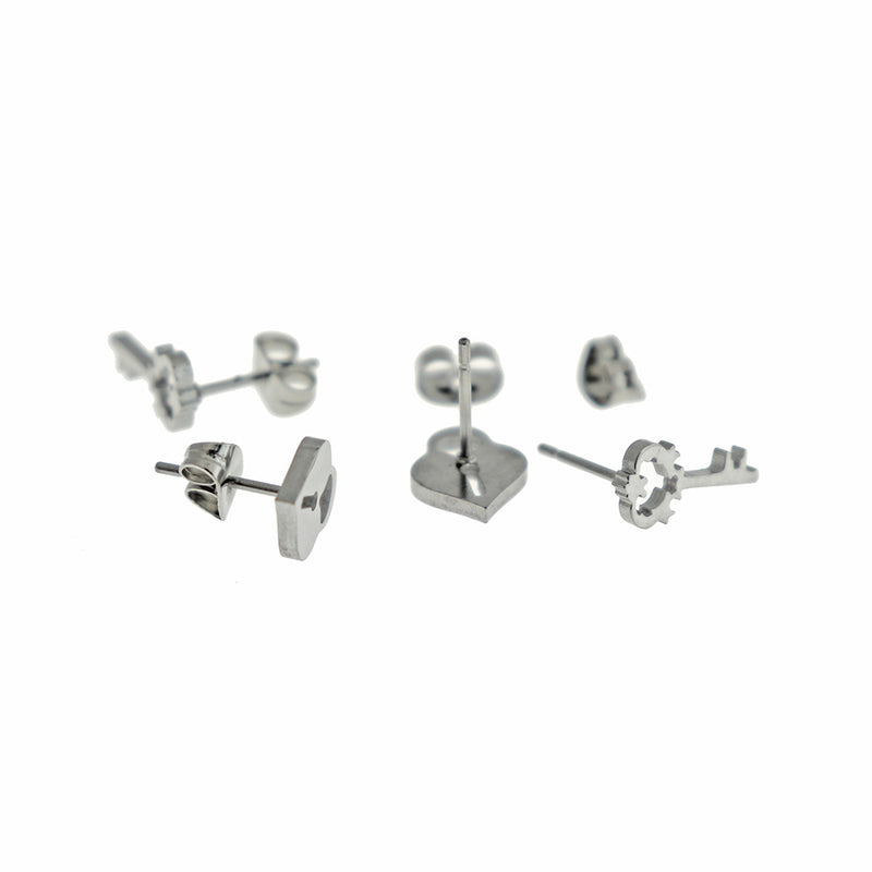 Boucles d'oreilles en acier inoxydable - Clous de clé et de serrure - 12 mm x 6 mm et 9 mm x 8 mm - 2 pièces 1 paire - ER877