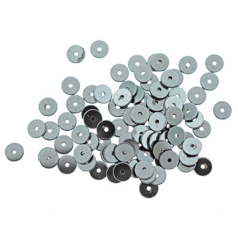 Perles Rondes Plates en Hématite Naturelle 6mm - Noir - 100 Perles - BD1886