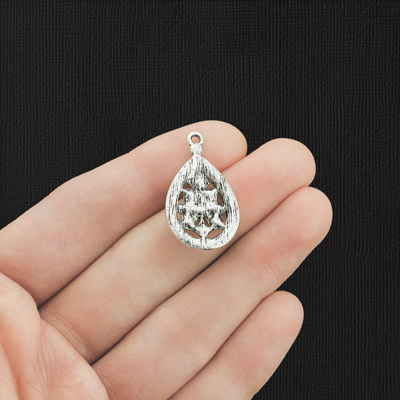 2 Teardrop Antique Silver Tone Charms with Inset Rhinestones - E1195