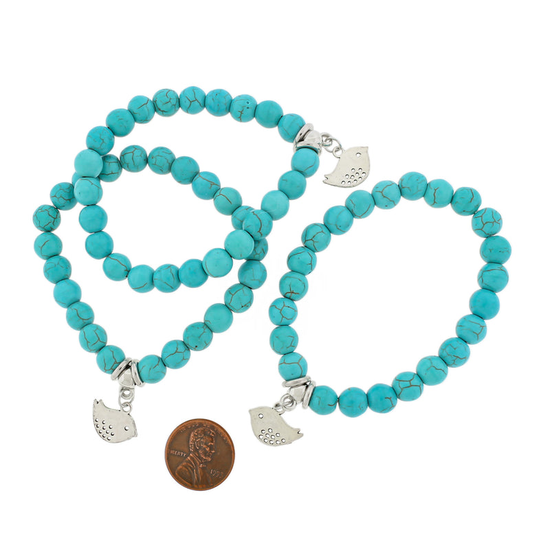 Bracelet Perle Howlite Bleue Ronde 50mm - Turquoise avec Charme - 1 Bracelet - BB222