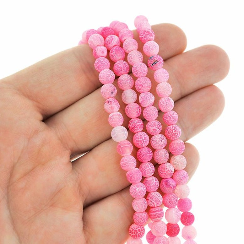 Perles rondes en agate naturelle 6 mm - Craquelé patiné rose vif - 1 brin 62 perles - BD2455