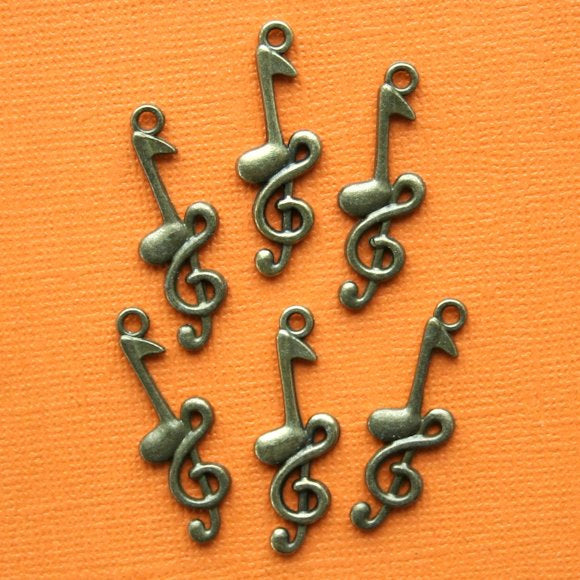 6 Music Note Antique Bronze Tone Charms 2 Sided - BC179