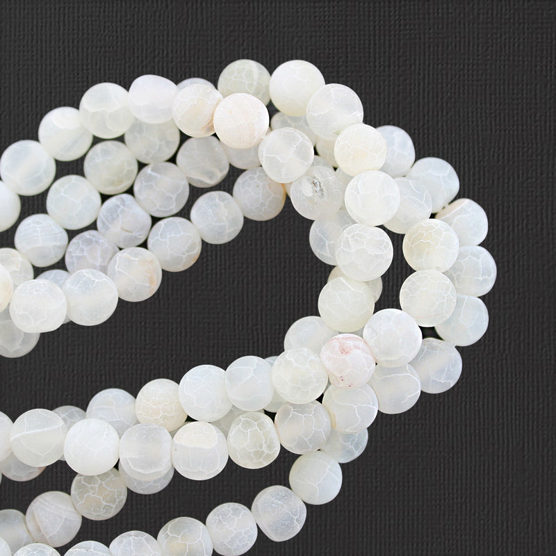 Round Natural Agate Beads 8mm - Frosted White Crackle - 1 Strand 46 Beads - BD1734