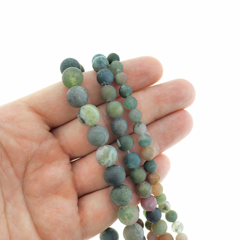 Round Natural Indian Agate Beads 6mm -10mm - Choose Your Size - Frosted Forest Tones - 1 Full 14.96" Strand - BD2550