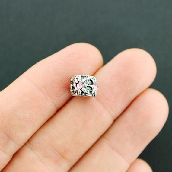 Floral Spacer Beads 10mm - Silver Tone With Inset Pink Rhinestones - 4 Beads - SC7794