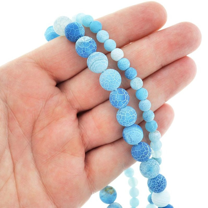 Perles d'agate naturelle rondes 6mm - 10mm - Choisissez votre taille - Craquelé bleu ciel patiné - 1 brin complet de 15,5" - BD2341