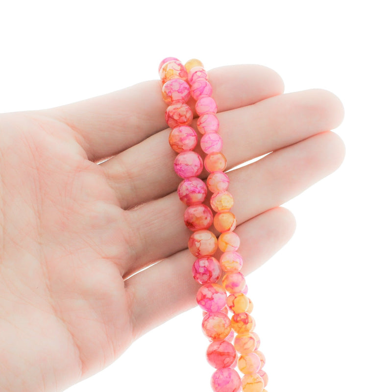 Perles rondes imitation jade 6mm - 8mm - Choisissez votre taille - Craquelé rose coucher de soleil - 1 brin complet de 31,8" - BD2343