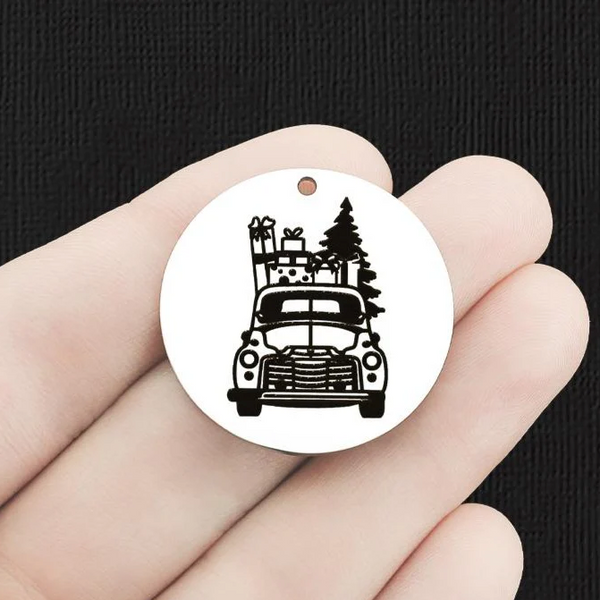 Christmas Truck Stainless Steel 30mm Round Charms - BFS010-6591