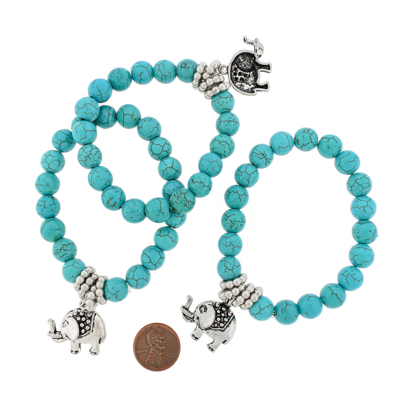 Bracelet Perle Howlite Synthétique Ronde 55mm - Turquoise avec Breloque Éléphant - 1 Bracelet - BB240