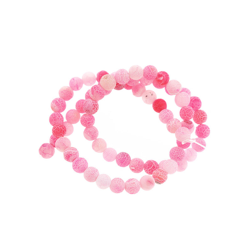 Perles rondes en agate naturelle 6 mm - Craquelé patiné rose vif - 1 brin 62 perles - BD2455