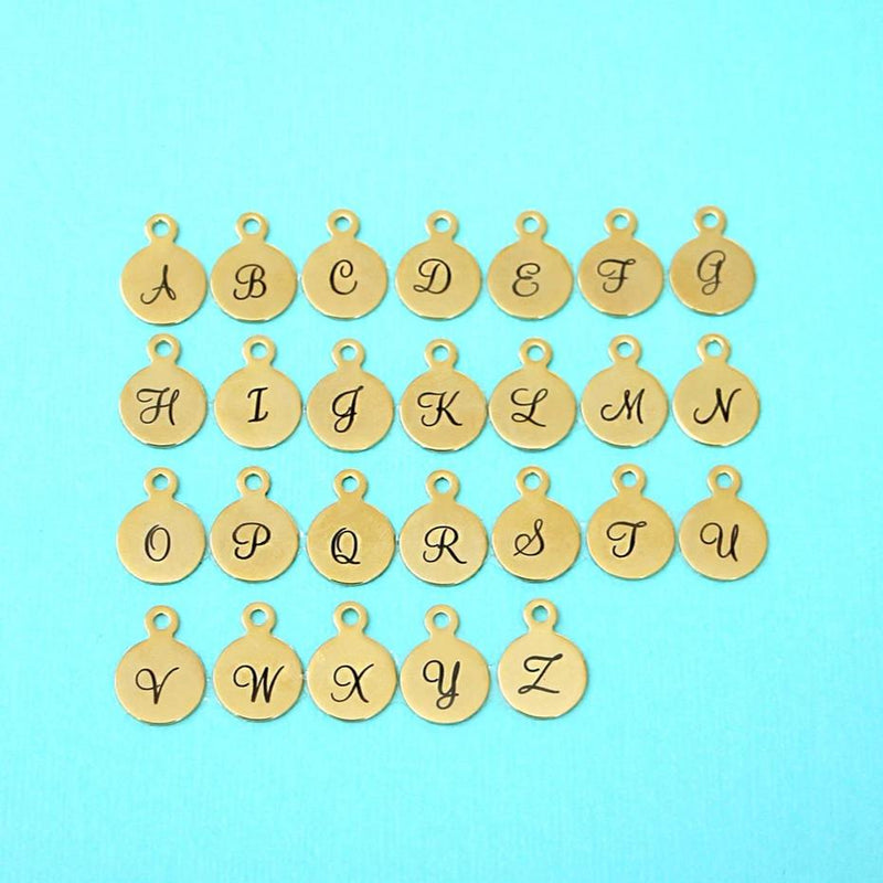 Gold Stainless Steel Letter Charms - Full Alphabet 26 Letters - Uppercase Script Alphabet - 13mm With Loop - ALPHA1500BFSGOLD